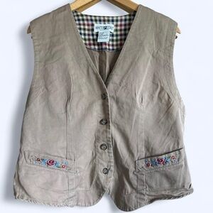 Vintage White Stag Brown Floral Embroidered Vest Cottagecore Boho Medium